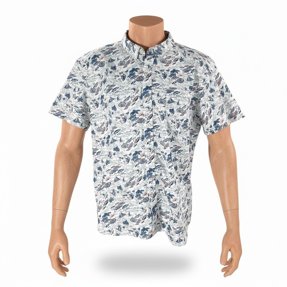 Columbia Hawaiian Aloha Shirt 2XL Beach Umbrellas Sailboats‎ Palms Floral Gray